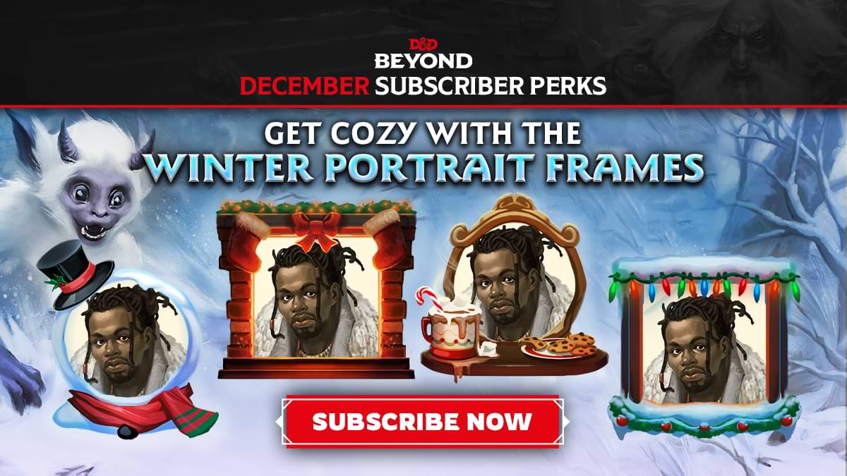 Text reads, "Get cozy with the winter portrait frames" and shows winter-themed character portraits on a snowy backdrop.