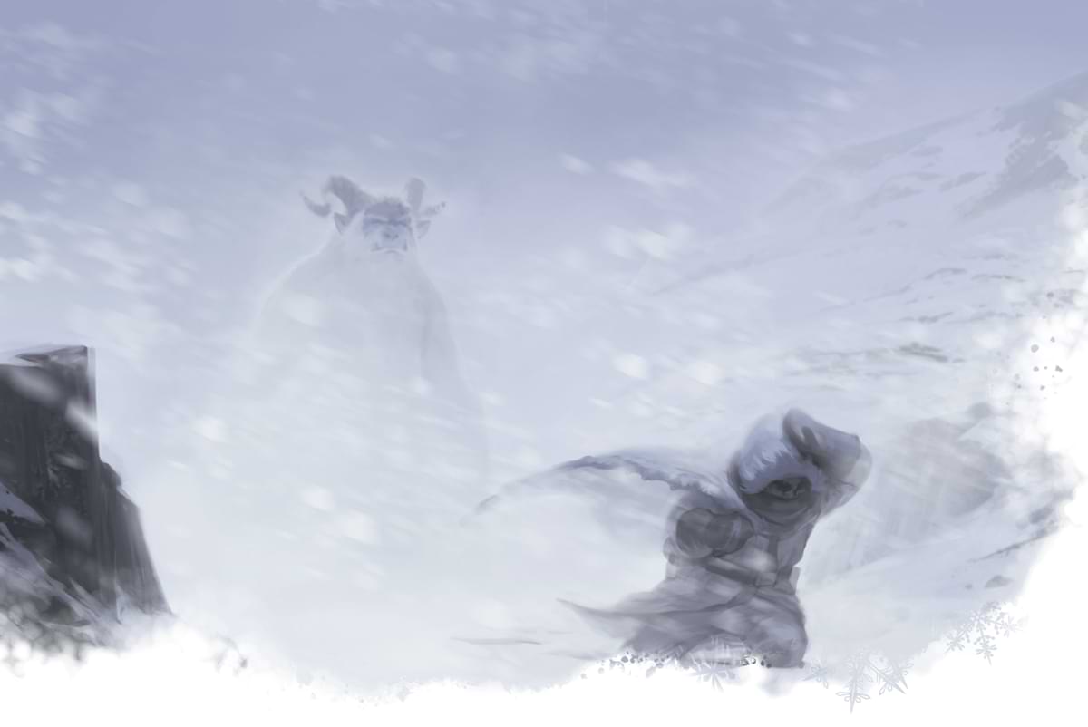 A yeti stalks an adventurer in a blizzard