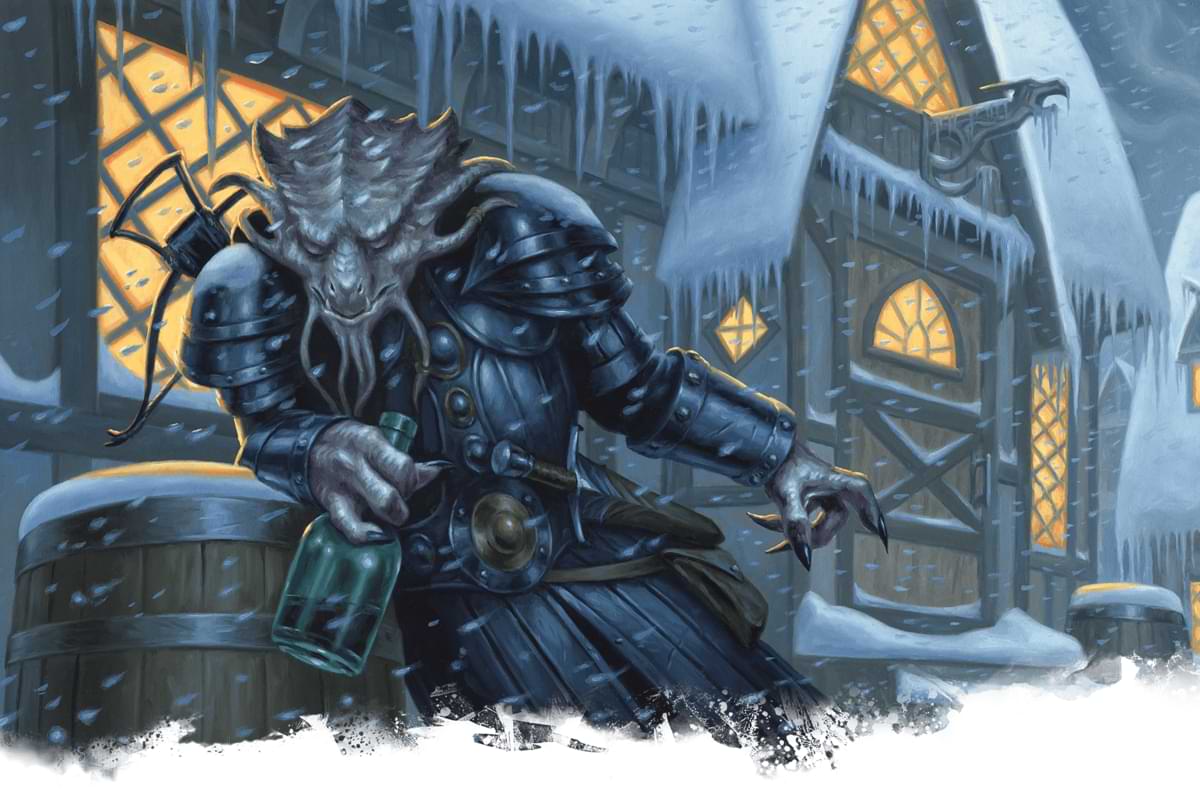 A white dragonborn drink outside of a tavern in the snow