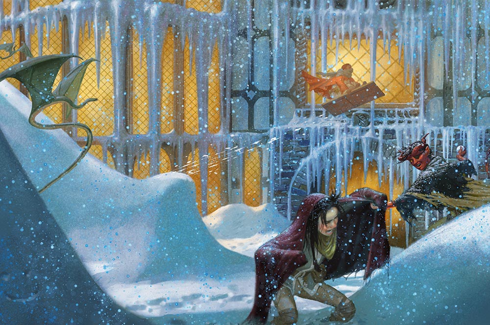 A snowball fight in a Waterdeep street