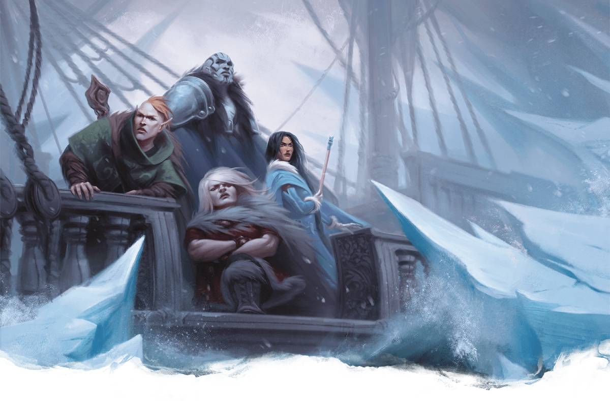 A group of adventurers stand on board a ship sailing frigid waters