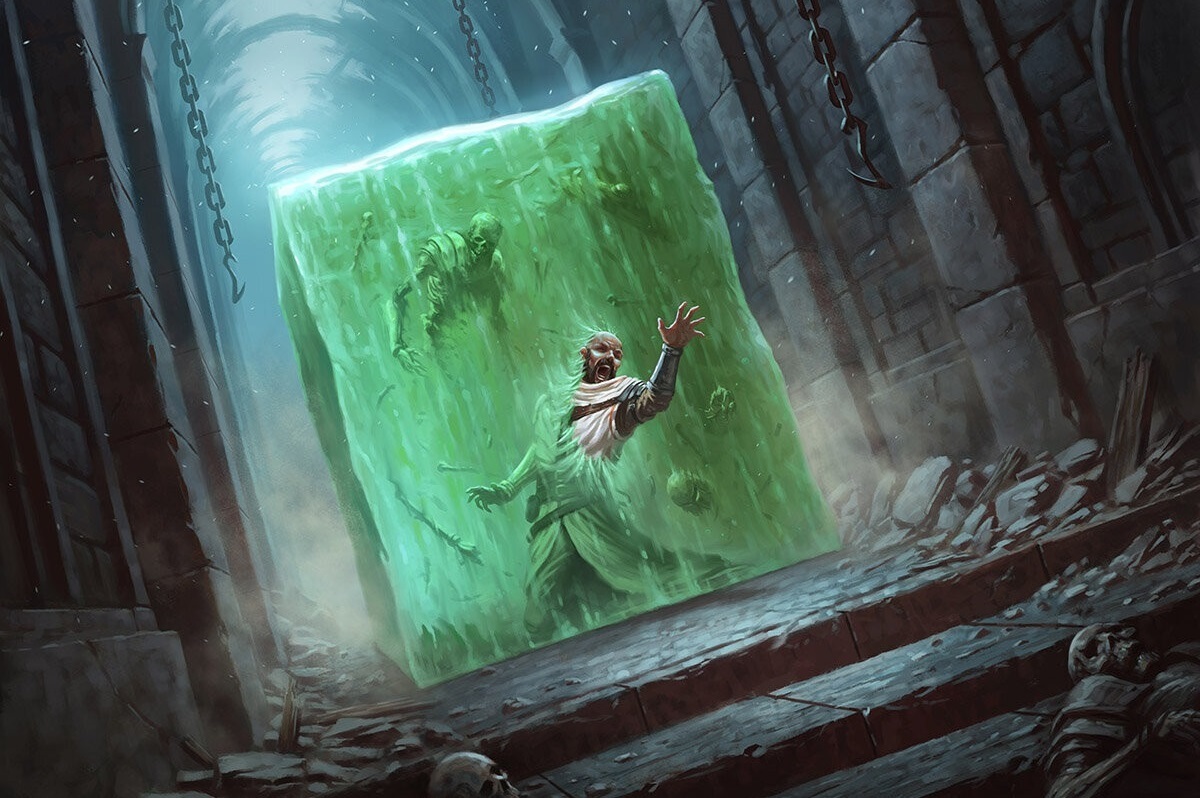 A gelatinous cube dissolving a dungeon goer