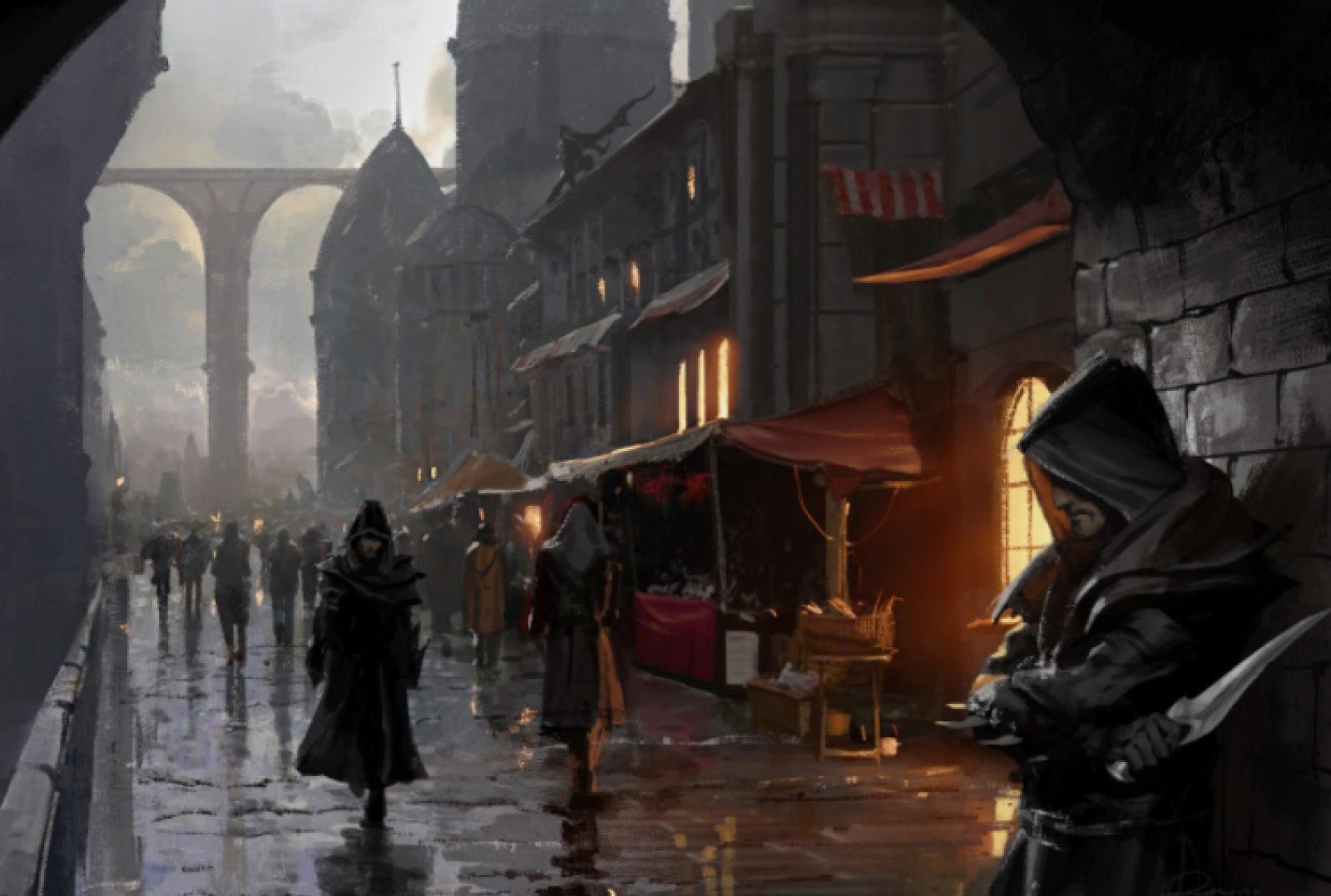 A rogue with a hidden dagger awaits the arrival of a robbed person walking down a busy, rainy street.