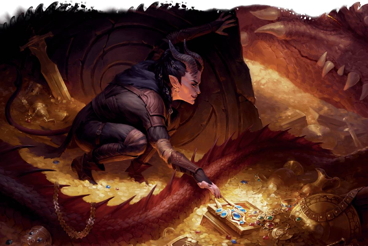 A tiefling rogue stealing from a dragon's hoard