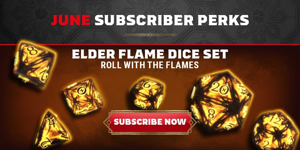 Elder Flame dice with text that reads, "Elder Flame Dice Set. Roll with Flames. Subscribe now."