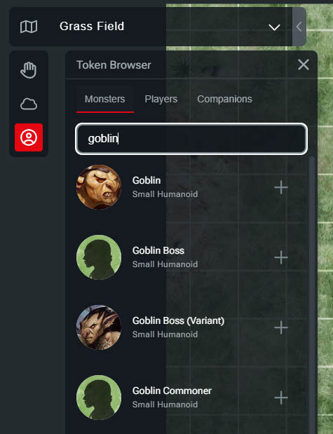 Screenshot of D&D Beyond Maps Token Browser modal with "Goblin" in the search bar.