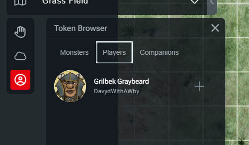 Screenshot of D&D Beyond Maps Token Browser modal on the Players tab