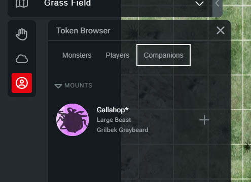 Screenshot of D&D Beyond Maps Token Browser modal on the Companion tab