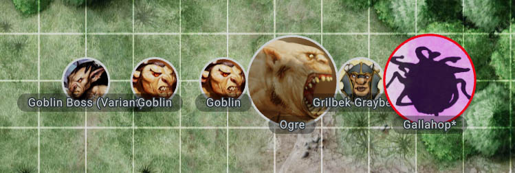 Screenshot of D&D Beyond Maps software with goblins and ogre tokens on the Grass Field map. One has a red outlined border.