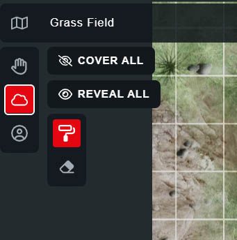 Screenshot of D&D Beyond Maps Fog of War tool. There are buttons to "Cover All," "Reveal All," and a paintbrush and eraser icon.