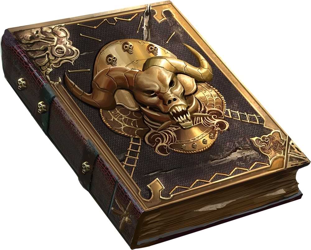 A leather-bound book with a fiend embossed on the cover in gold